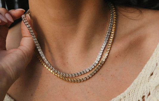 Tennis necklace by Mogano crafted in 14k gold filled or sterling silver with cubic zirconia gemstones. Hypoallergenic, tarnish-resistant jewelry for all skin types.