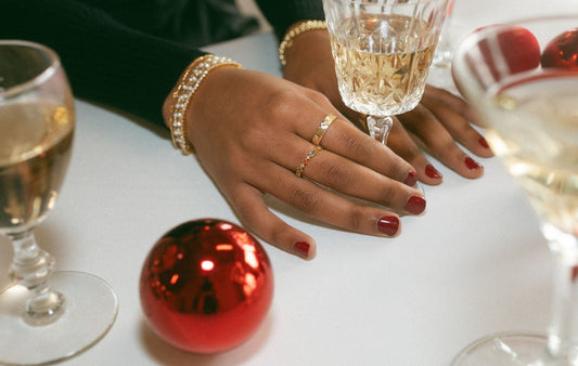 From desk to dinner jewelry – Mogano hypoallergenic, water-resistant gold filled and sterling silver pieces including tennis bracelet, wave bangle, Havana chain, initial charms, and huggie hoop earrings.