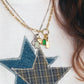 Close-up of a gold necklace with charms on a white sweater with a blue star design.