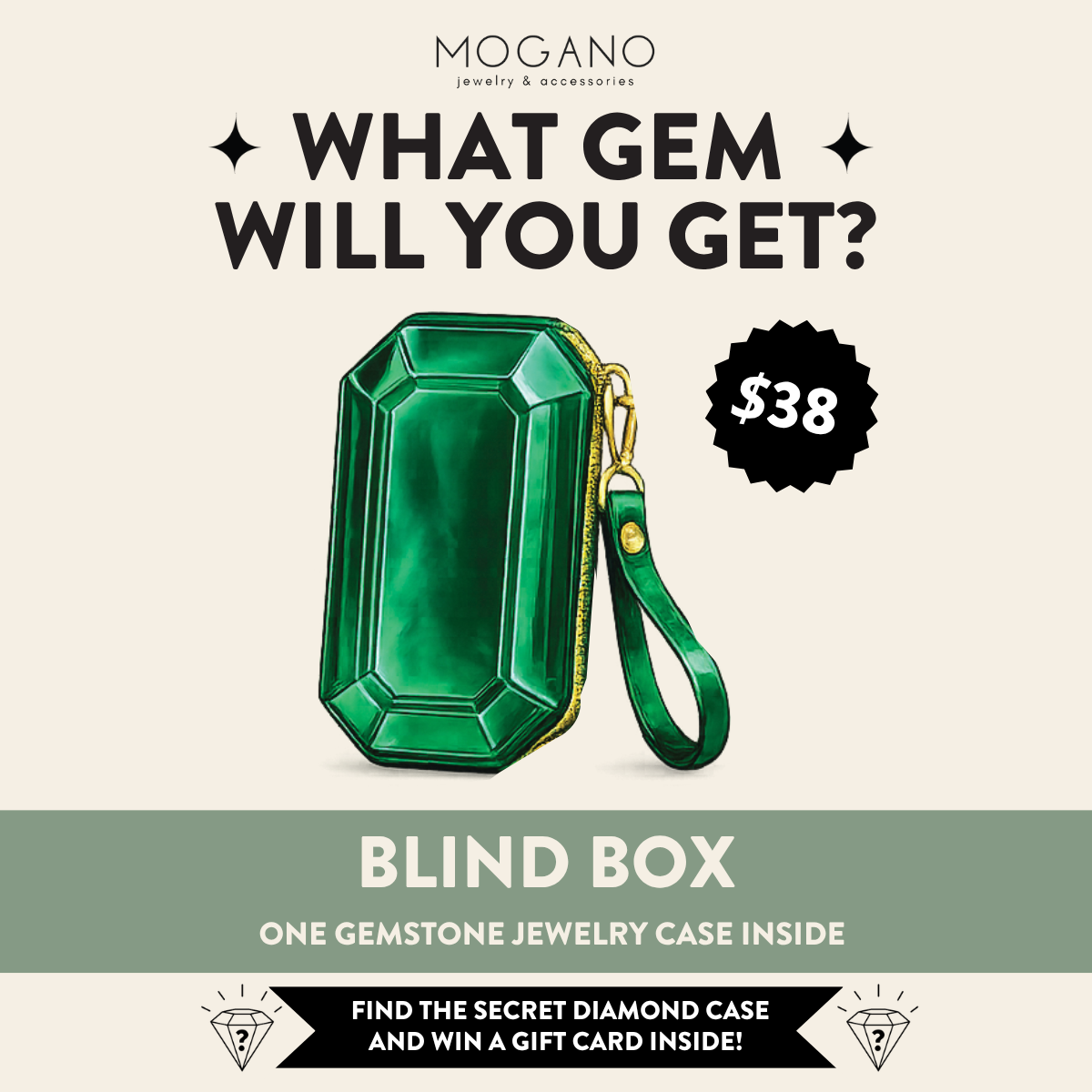 Promotional graphic for a Mogano jewelry mystery blind box. It features a green emerald-cut gemstone jewelry case with a matching wristlet strap, set against a light beige background with text reading 'WHAT GEM WILL YOU GET?' and 'BLIND BOX'.