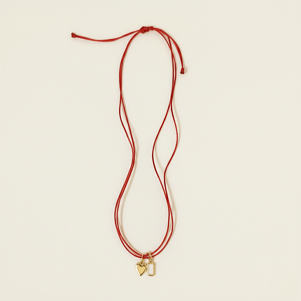 Cherry Heart & Diamond Satin Cord Necklace