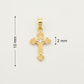 Gold cross pendant with dimensions on a white background
