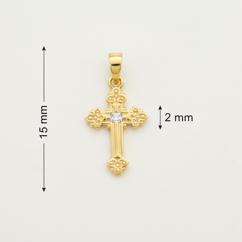 Gold cross pendant with dimensions on a white background